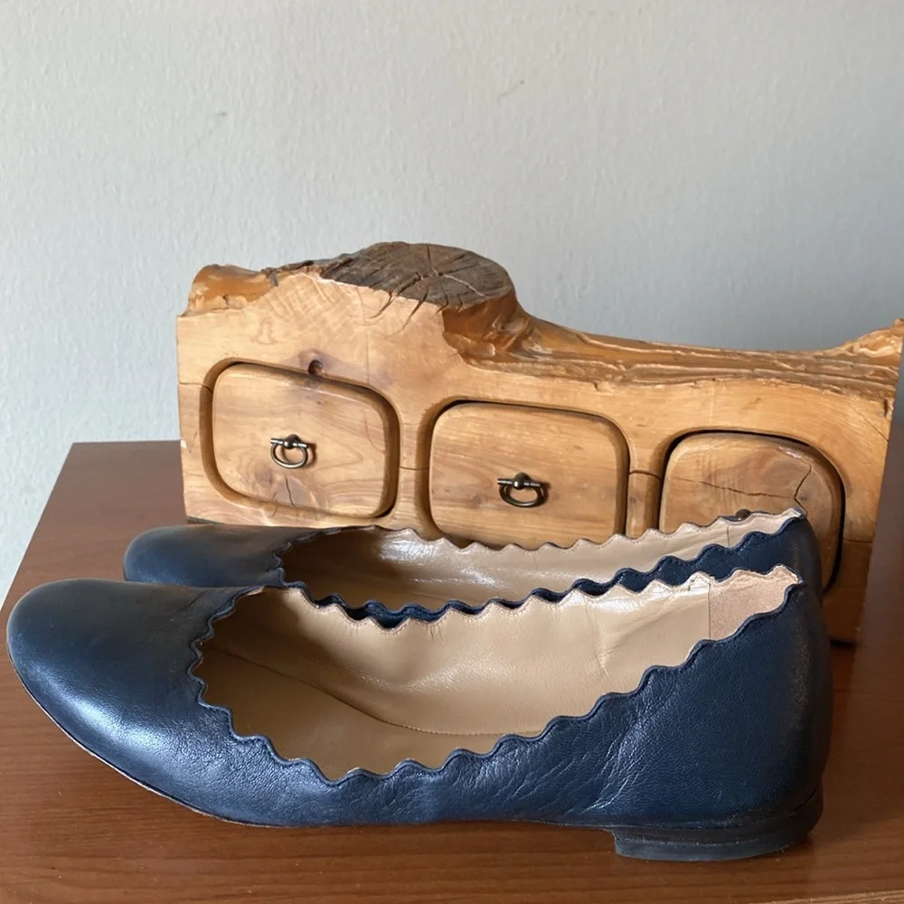 Chloe Scalloped Edge Navy Blue Flats - Picture 3 of 9